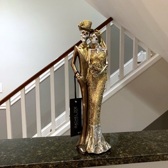 Halloween Day of Dead Wedding Statue Gold Bride Groom Skeleton Couple Figurine - Picture 1 of 4